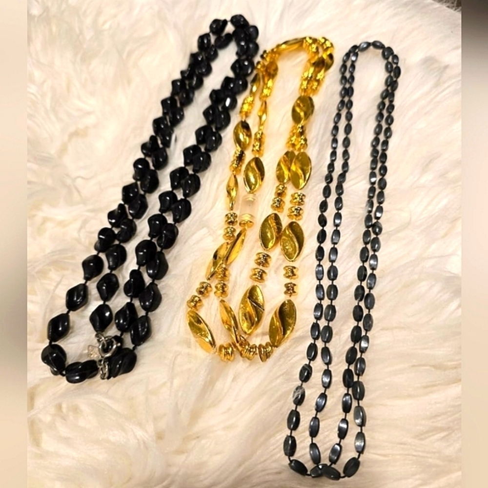 SARAHCOV Bead in a Bundle of Black,Gold Grey Long Vintage Bead Necklaces3pcs.🌴